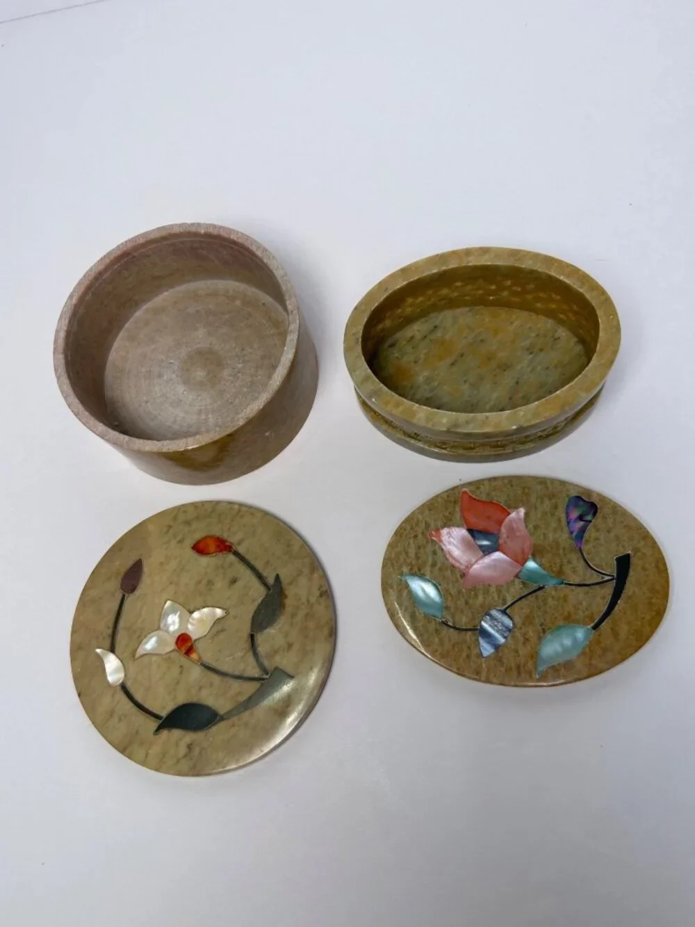 VTG Soapstone Floral Trinket Boxes Set Of 2 Handmade In India Pearl Collectible